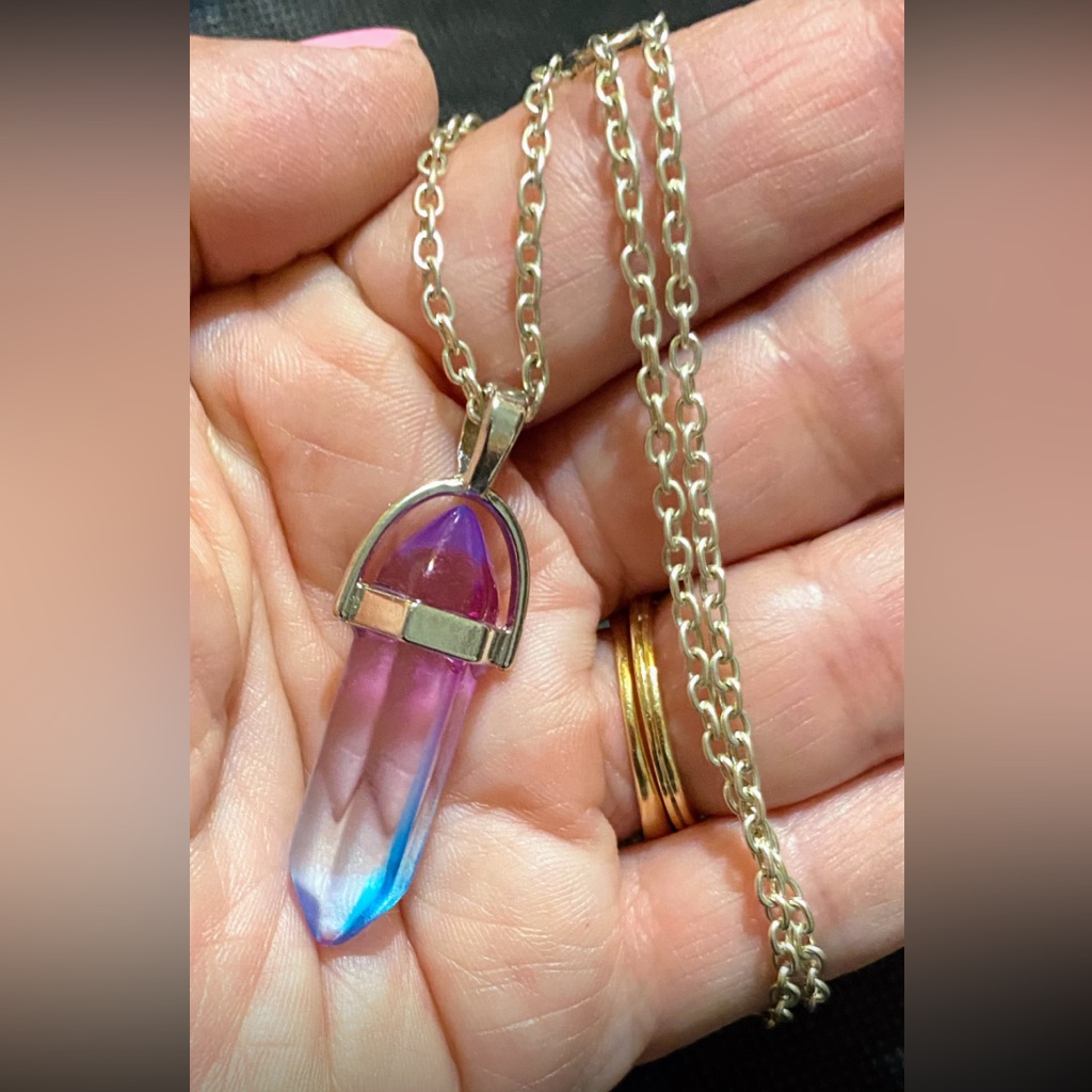 Pink Clear And Blue Stained Glass Crystal Pendant Necklace 11$